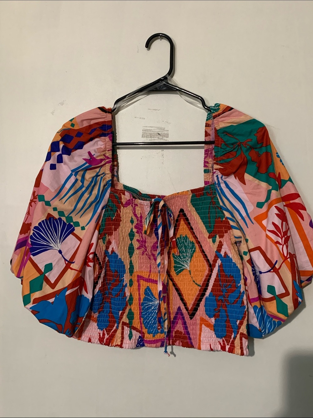 Colorful Floral Smocked Crop Top - Pink Multicolor- can be worn off the shoulder